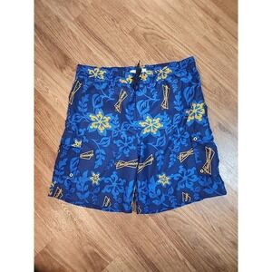 Budweiser Board/Swim Shorts Mens XL Gold Logo on Blue Hawaiian Background EUC